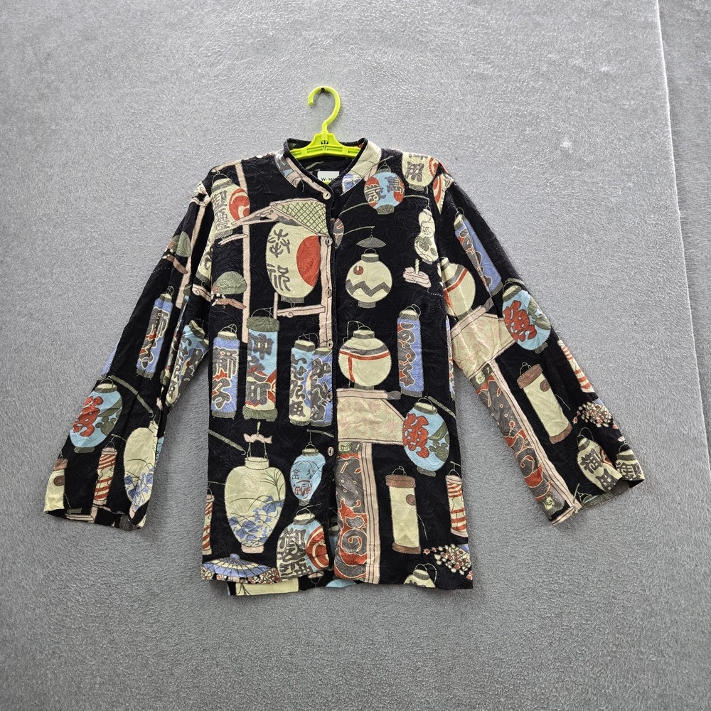 Citron Women Blouse L Black Silk Graphic Button Round Neck Front Artsy Office